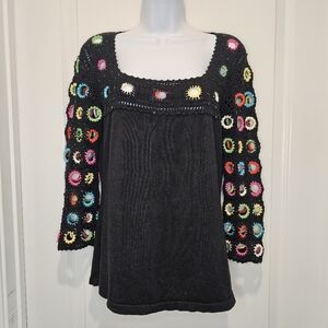 Vintage 90s Black Crochet Multicolor Ring Top Large Y2K Retro